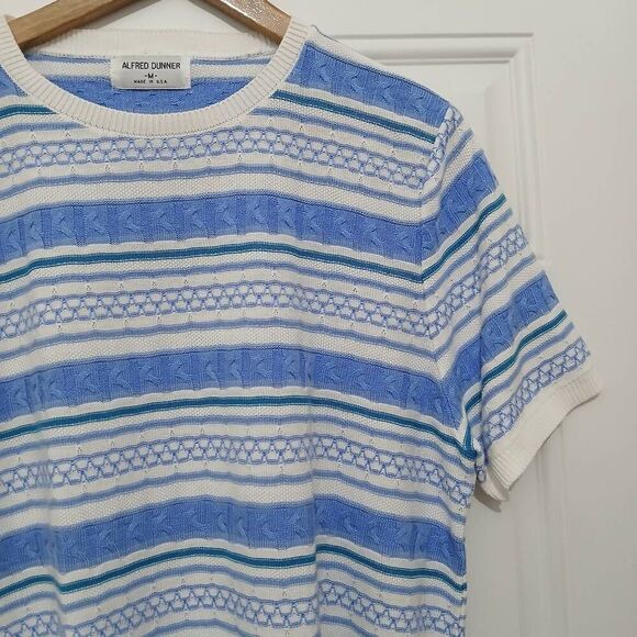 Vintage Alfred dunner womens large cotton knit blue green stripes Sweater - Picture 3 of 5